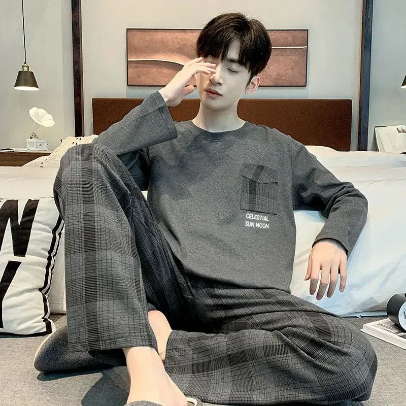 2 Teile/satz Männer Pyjamas Langarm Koreanische Version der Einfachen Taste unten Tops und Hosen Nachtwäsche Homewear Plaid Nachtwäsche