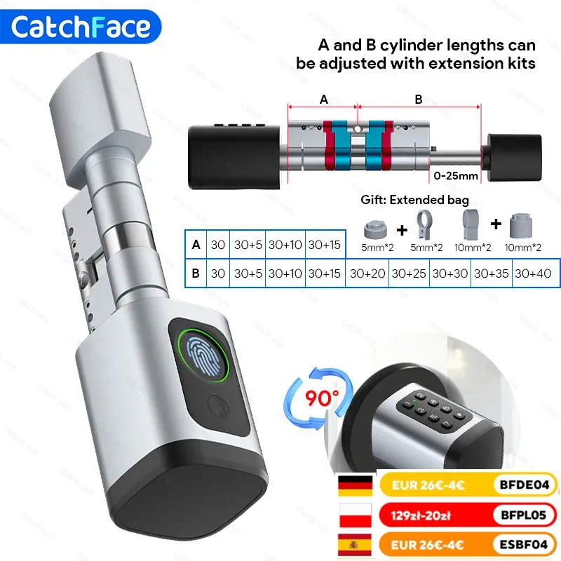 V1 Pro+ Version Einstellbare TUYA oder TTLock APP Fingerabdruck Passwort Digitale RFID-Kartenzylinder Intelligentes Türschloss für Home Hotel