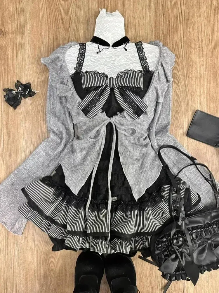 Süße Lolita Vintage Anzüge Frauen Rüschen Strickjacke + Sexy Y2k Korsett Weste + Miniröcke Herbst Koreanische Elegante 3-teilige Kleid Sets