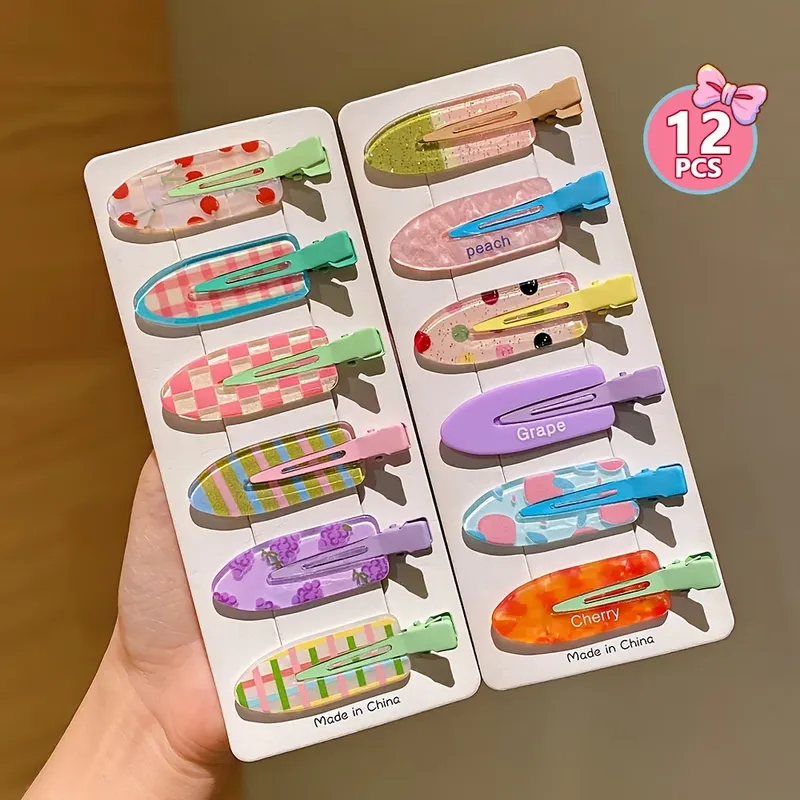 12 Stück mehrfarbige bunte Haarspangen mit seitlichem Pony, Entenschnabel-Clips für Flyaway-Haare, einfache Haarspangen für süße Mädchen