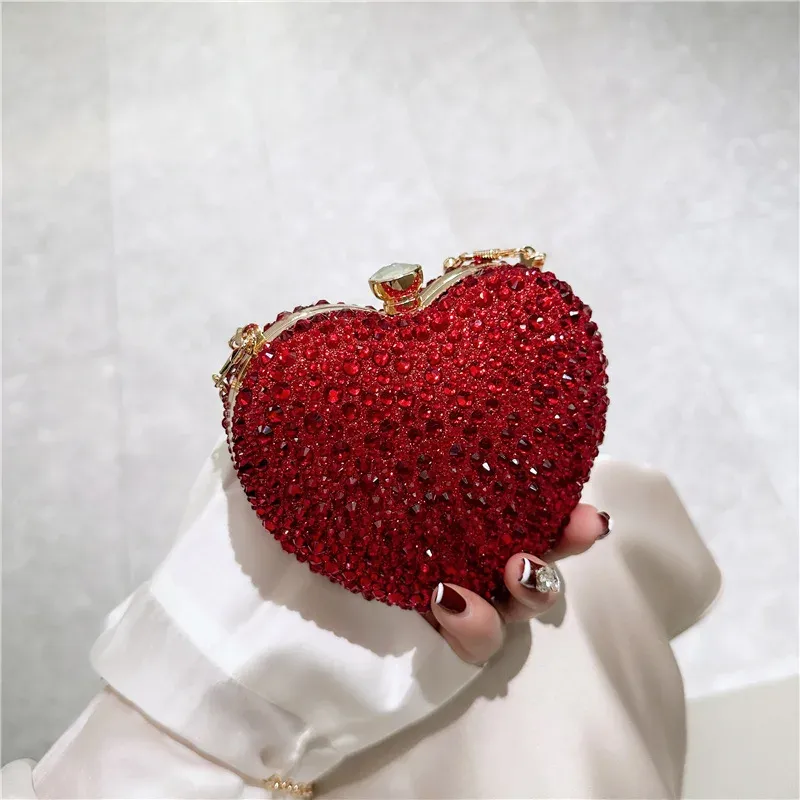 Luxus Diamant Inlay Herz Form Kristall Kupplung Geldbörse Steine Abend Hochzeit Party Schulter Tasche Griff Strass Mini Handtaschen