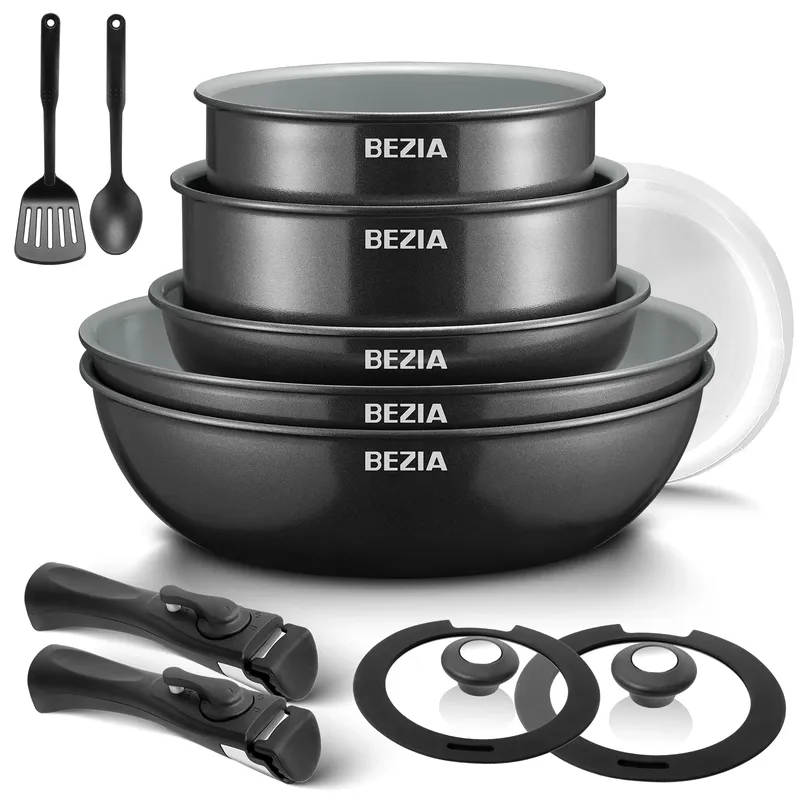 Bezia Induktionskochgeschirr mit gesunder Keramikbeschichtung, antihaftbeschichtete Töpfe und Pfannen-Set 13-teilig mit abnehmbaren Griffen