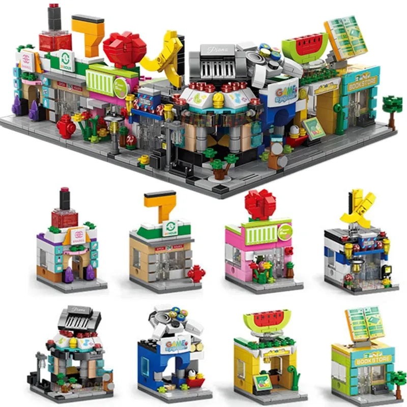 NEUE DIY Make-Up Convenience Store Blumenladen Friseursalon Klavier Spiel Halle Obst Buchhandlung Bausteine Ziegel Film Modell Spielzeug