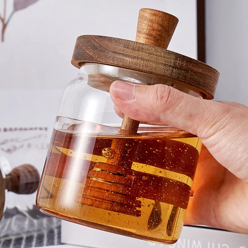 Vorratsflaschen aus Glas, Honiggläser mit Schöpflöffel und Deckel, Honigbehälter mit breiter Öffnung, Sirupspender zur Aufbewahrung von Honig und Sirup