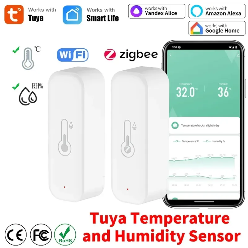 Tuya WiFi Zigbee 3.0 Temperatur und Luftfeuchtigkeit Smart Home Thermometer Hygrometer APP Fernalarm Funktioniert mit Alexa Google Home