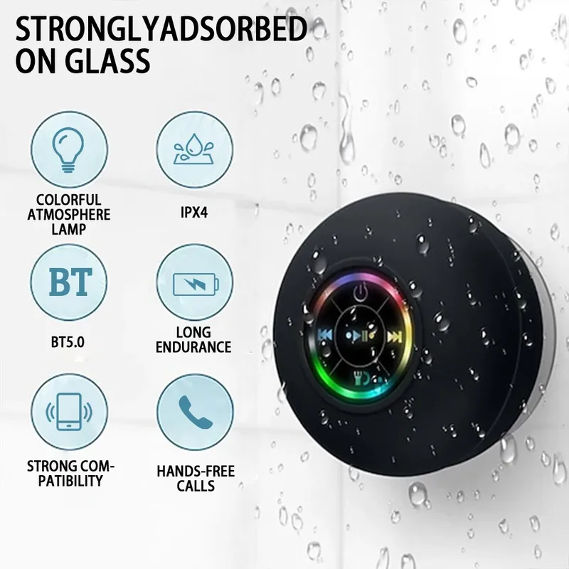 Tragbarer kabelloser Mini-Bluetooth-Lautsprecher – wasserdichter IPX4-LED-Lautsprecher mit großem Saugnapf für Outdoor, Badezimmer und Reisen