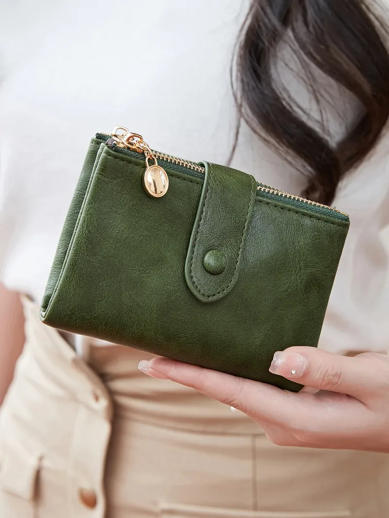 Minimalistische Damen-Geldbörse, kurz, dreilagig, großes Fassungsvermögen, Doppelreißverschluss, Kartenhalter, Ausweis, Kreditkartenetui, Geldbeutel
