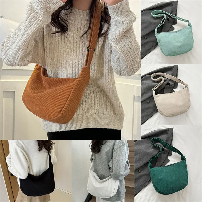 Cord-Umhängetasche, minimalistische Umhängetasche, Damen-Handtaschen, modische Stoff-Unterarmtasche, einfarbig, Reißverschluss, weibliche Handtasche