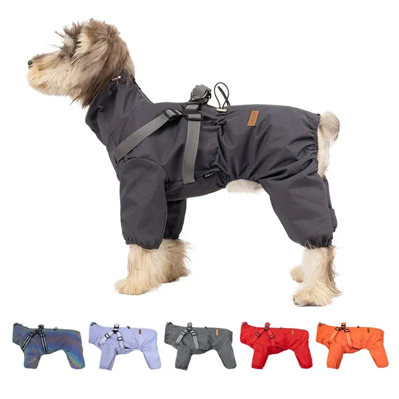 Hunde-Regenmantel mit Geschirr, wasserdichte Haustier-Regenjacke für kleine Hunde, verstellbarer reflektierender Hunde-Regenoverall mit 4 Beinen