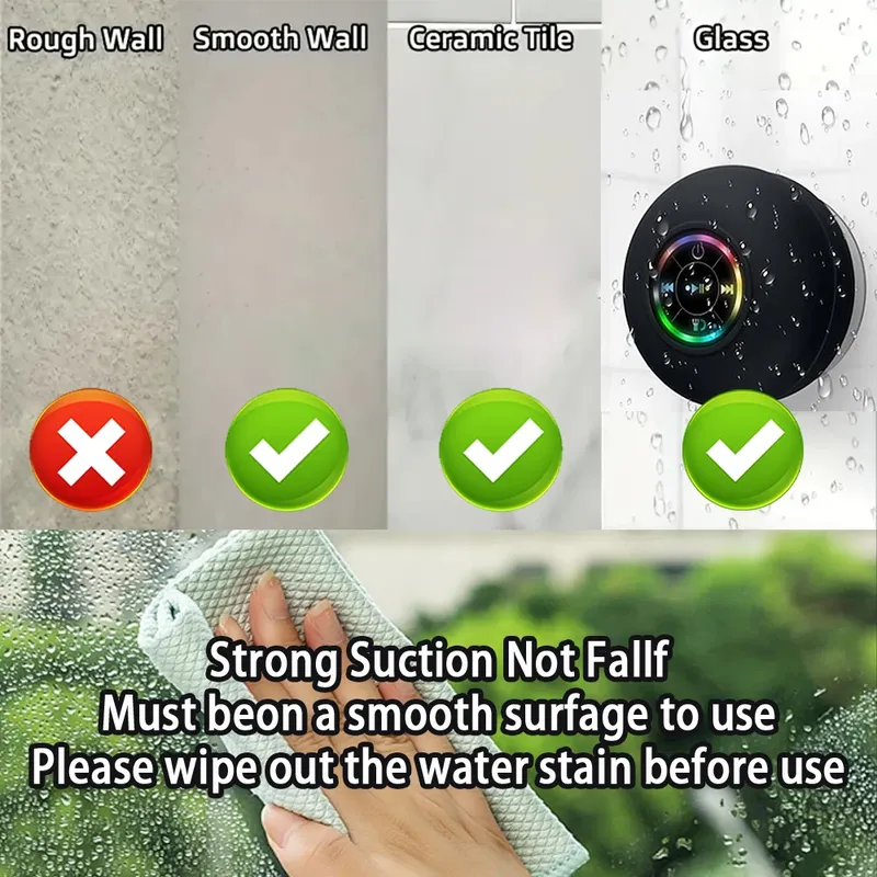 LED Tragbarer Kabelloser Bluetooth-Lautsprecher, IPX4 Wasserdicht mit Großem Saugnapf, Mini-Lautsprecher für Badezimmer, Outdoor & Reisen