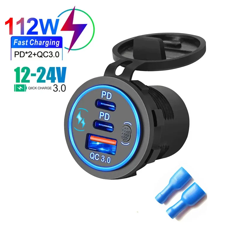 3 Ports Schnellladung Dual PD & QC 3.0 112 W Blende Autoladegerät Steckdose für 12 V 24 V Motorrad Boot Marine LKW ATV