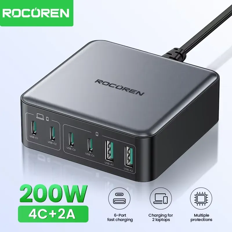 Rocoren 200W GaN Ladegerät 6 Ports Desktop Schnellladung USB Typ C Ladegerät Tragbares Kraftwerk für iPhone 17 Pro Max Xiaomi 14
