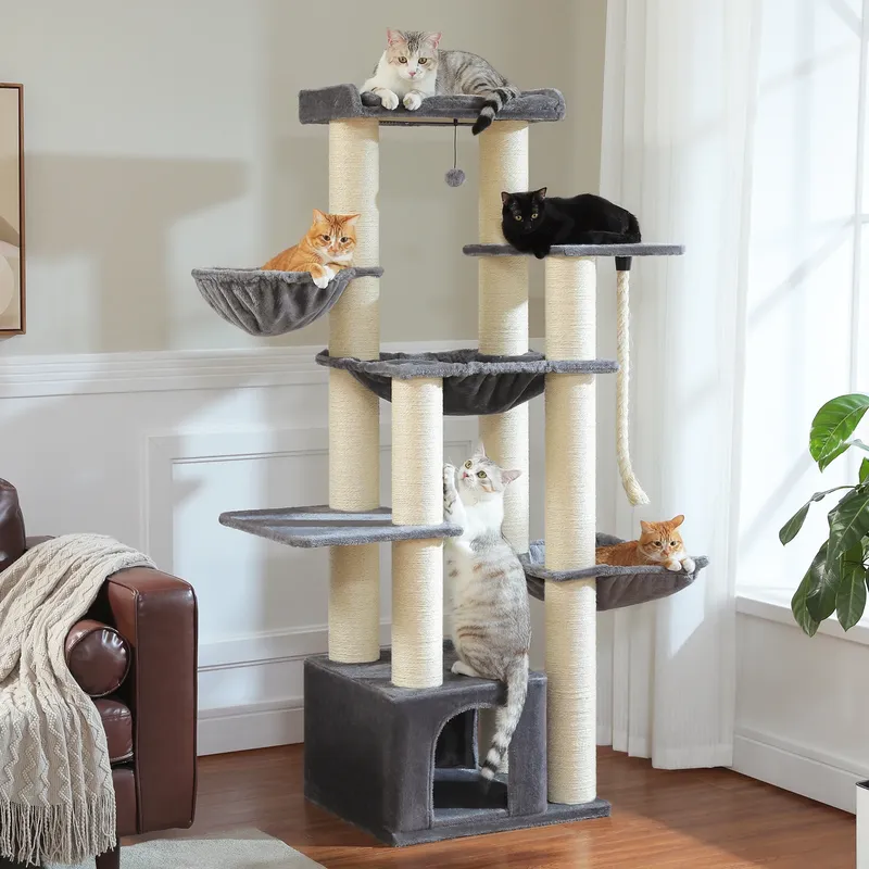 Großer Kratzbaum für große Katzen Robuster Katzenturm mit mehreren Ebenen Katzenhaus-Kletterbaum mit Hängematte 11 Sisalpfosten Große Sitzstange