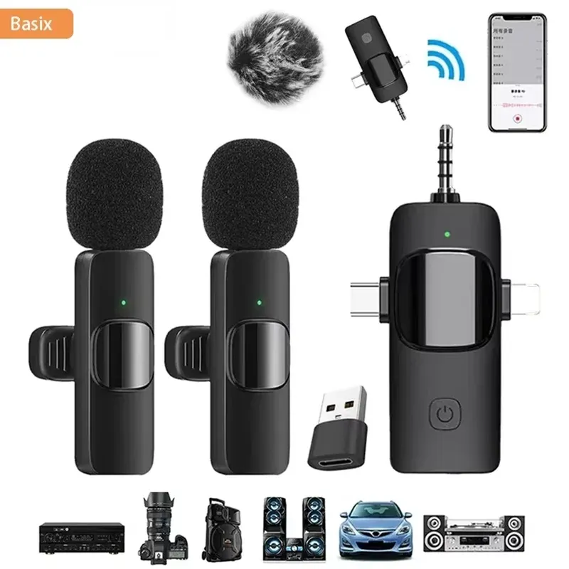 Basix Professionelles 4-in-1-Wireless-Lavalier-Mikrofon für iPhone und Android, 3,5 mm, für Live-Aufnahmen, Mini-Mikrofon mit Geräuschunterdrückung