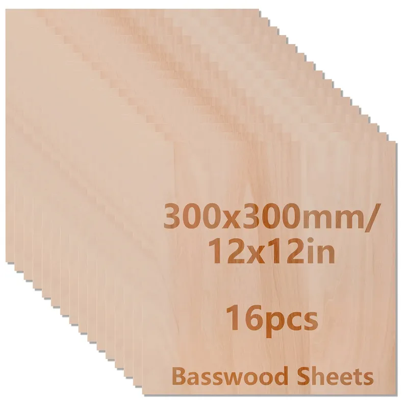 16/8/4/2 Stück Lindenholzbrett 12 Zoll x 12 Zoll x 0,08 Zoll, 2 mm lasergeschnittenes Holz, dünnes Lindenholz-Bastelholz, DIY-Gebäudemodellbau, selbst