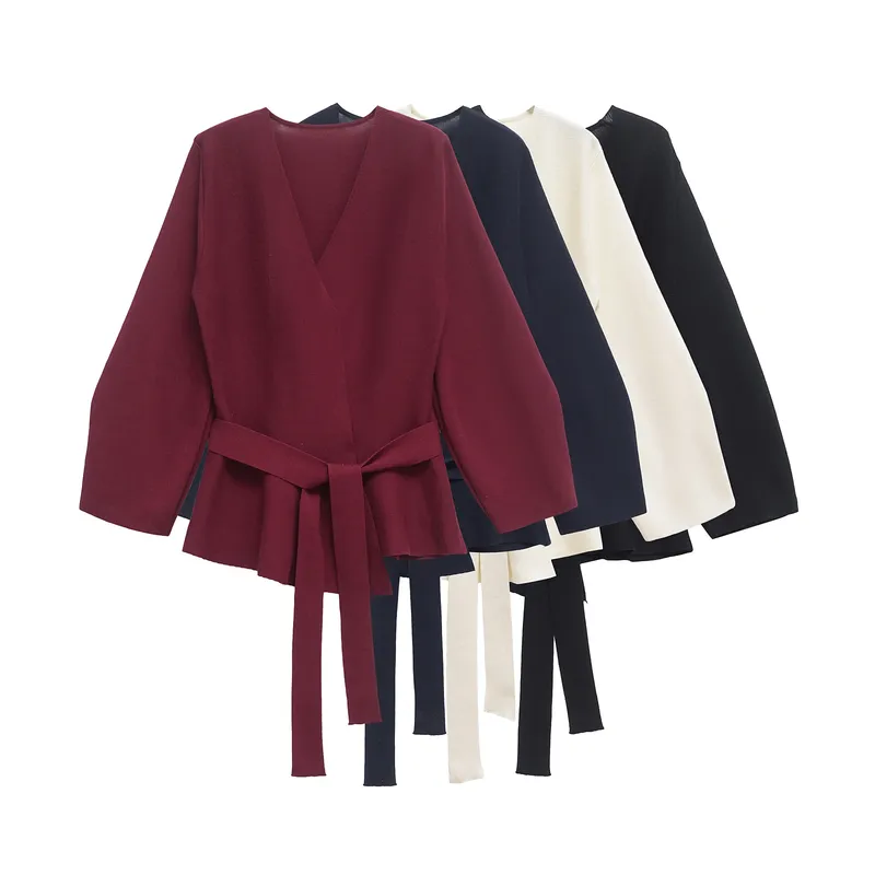 Frühling Frauen Schulter Pad Gürtel Stricken Blazer Frauen Retro V-ausschnitt Langarm Vielseitig Weiblichen Mantel Frauen Kleidung 9598/128