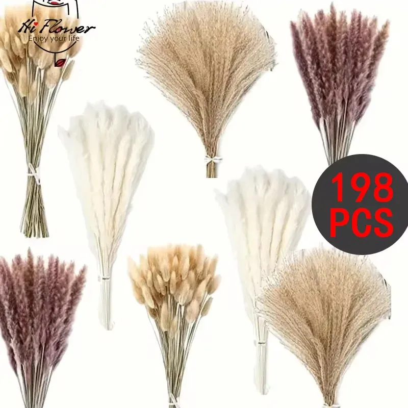 198 Stück Pampasgras, getrocknete Blumen, Boho-Dekoration, Zuhause, Bauernhaus, Land, Hochzeit, Zimmer, Tischdekoration, Blumenstrauß, Hasenschwanzgras
