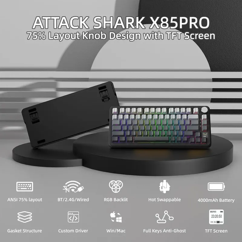 ATTACK SHARK X85Pro 75 % mechanische Tastatur mit Bildschirm und Knopf, Hot-Swap-fähig, kabellos, 2,4 GHz/Bluetooth/kabelgebunden, RGB-Dichtungshalterung, QM