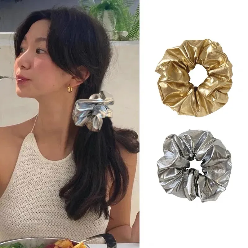 Y2k Scrunchies Metall Silber Gold Farbe Große Größe Haargummi Süße Einfache Elastische Haarband Frauen Haar Zubehör Tägliche Kopfbedeckungen