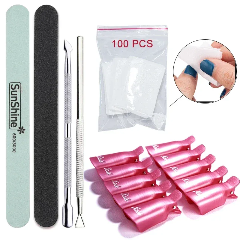 Soak Off Nagelhautschieber Maniküre Nagellackentferner Tool Kit für Dip Pulver Fingernagel Zehennagel Salon Clip Pad Pinselfeile Set
