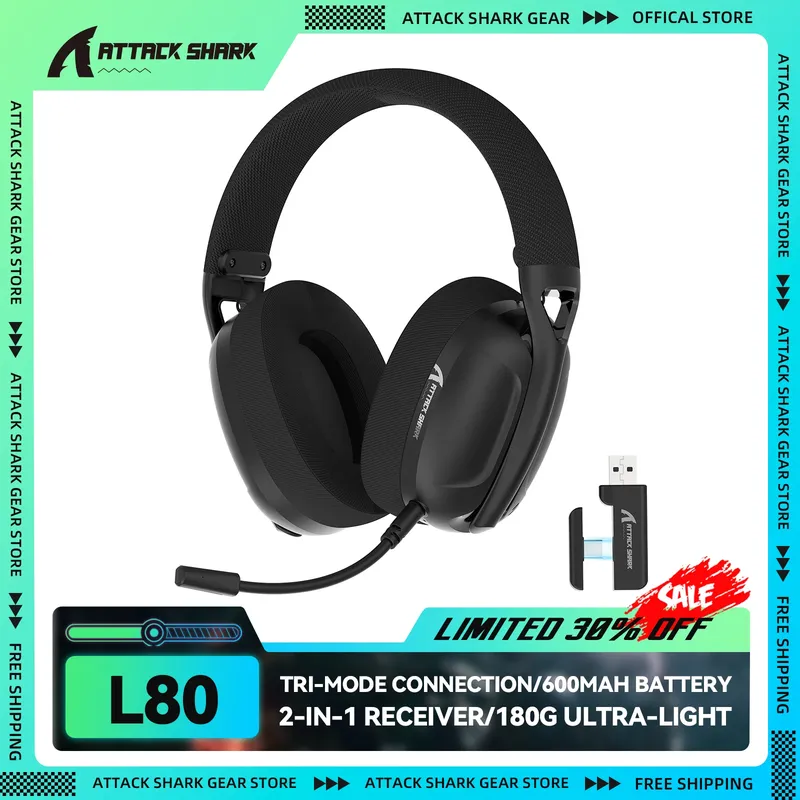 ATTACK SHARK L80 180 g ultraleichtes Gaming-Headset, steckbares Mikrofon, kabelgebunden/Bluetooth/2,4 G kabellos, 5.1-Kanal-Stereo-Sound
