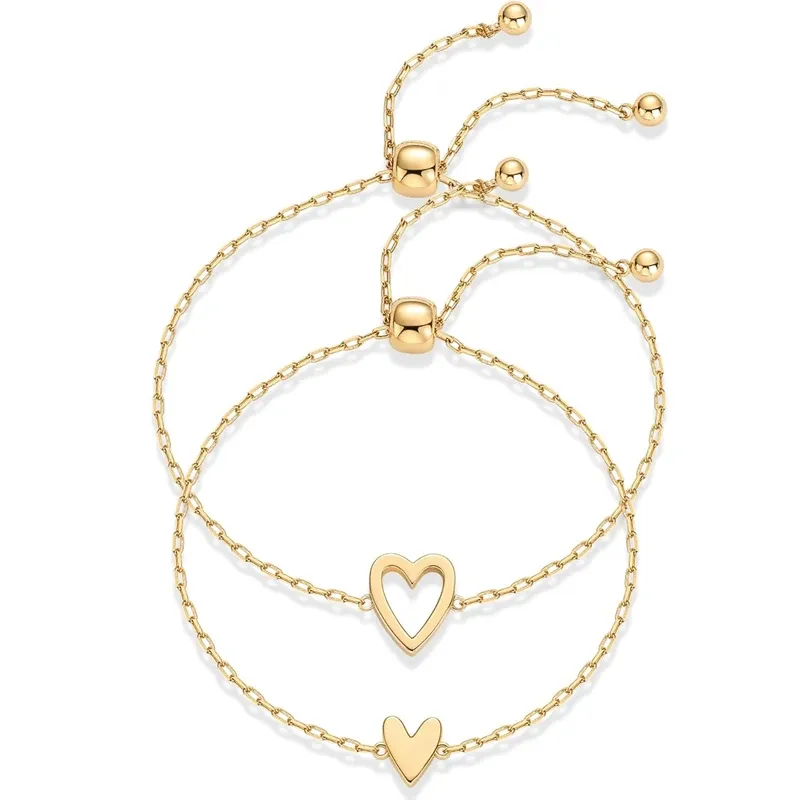 Solitär-Armband-Set aus 14 Karat vergoldetem Edelstahl mit passenden Herzanhängern für Frauen, beste Freundin, verstellbar, Liebesfreundschaft