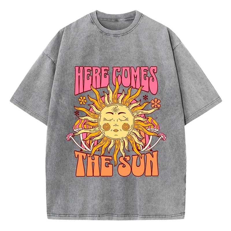 Übergroßes, gewaschenes Damen-T-Shirt aus Baumwolle, Here Comes The Sun, bedruckte T-Shirts, lässige O-Ausschnitt-Kurzarm-Oberteile, lockere Damenkleidung