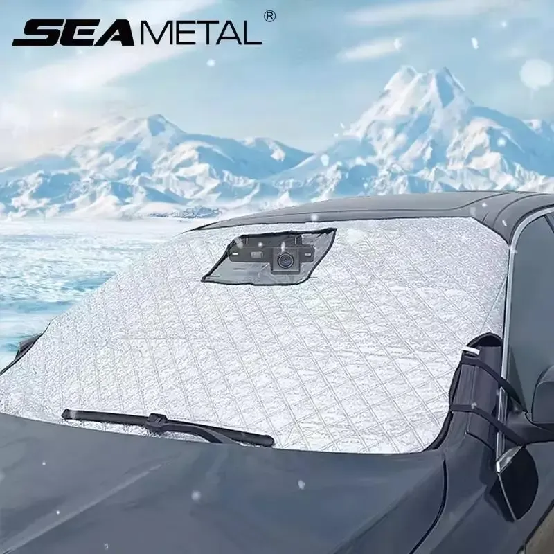 SEAMETAL Winter Auto Schneeschild Universal Windschutzscheibe Schneedecke Sonnenschutz Schutzabdeckung mit winddichtem Riemen Anti-Diebstahl-Design