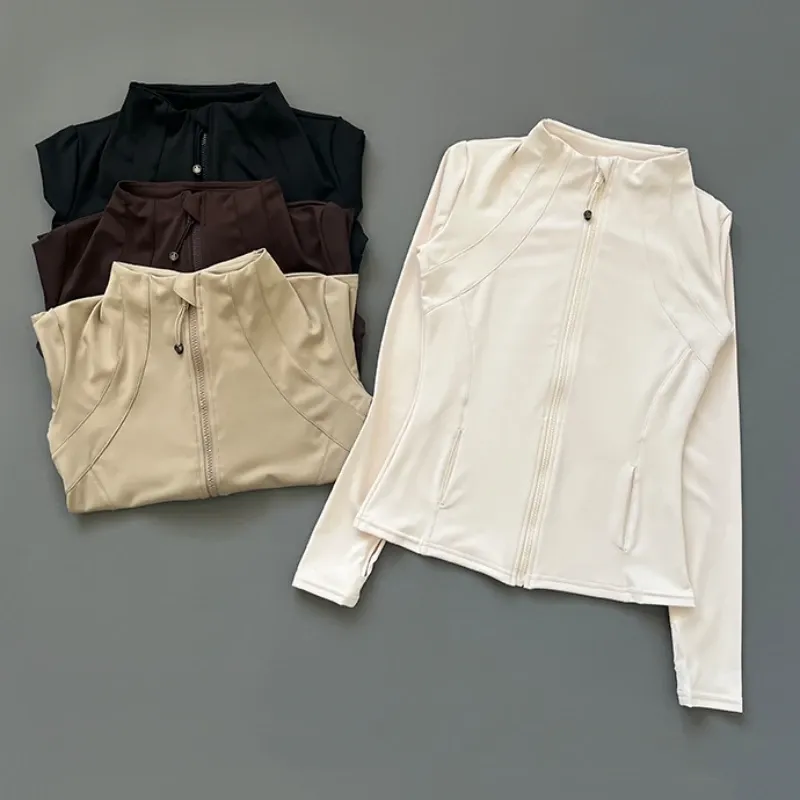 Schnell trocknende Fitnessjacke mit Stehkragen für Damen, schmal geschnittener Reißverschluss, Yoga-Kleidung, langärmelig, atmungsaktiv, für Laufsport, Radfahren