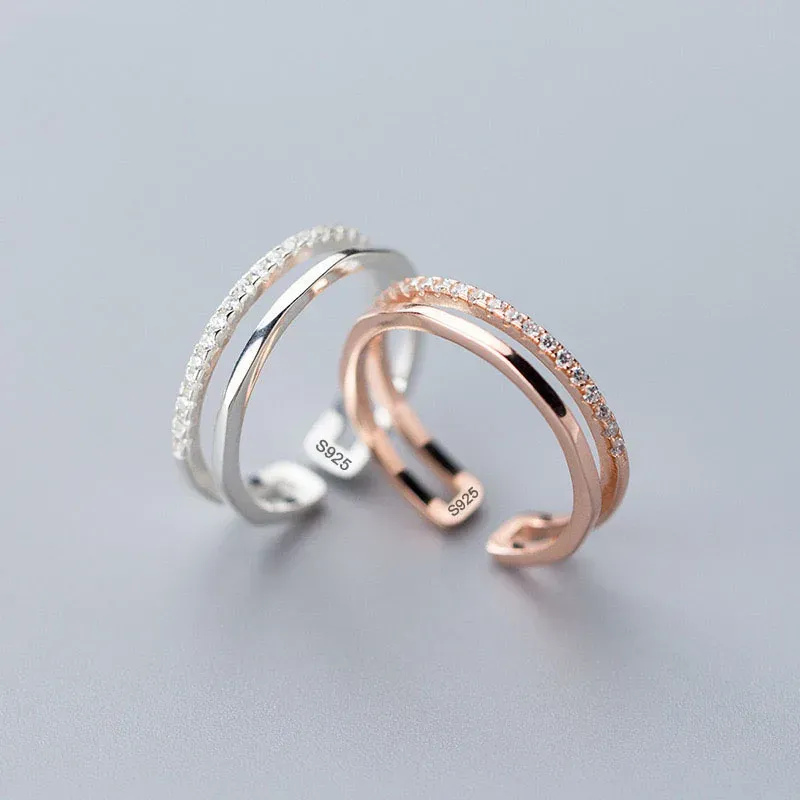 Ringe aus 925er-Sterlingsilber für Damen und Herren, Paar, minimalistisch, handgefertigt, Doppel-Zirkon-Ring, Party-Schmuck, Geschenk, verhindert Allergien