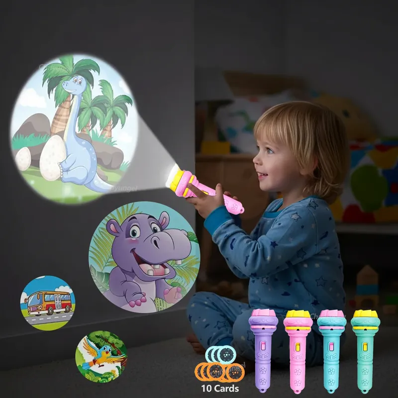 Projektor-Taschenlampe für Kinder, 10 Karten, 80 Muster, Schlafenszeit-Spielzeug, Cartoon-Licht, Lernspielzeug, Geschenk für Kleinkinder, Jungen und Mädchen