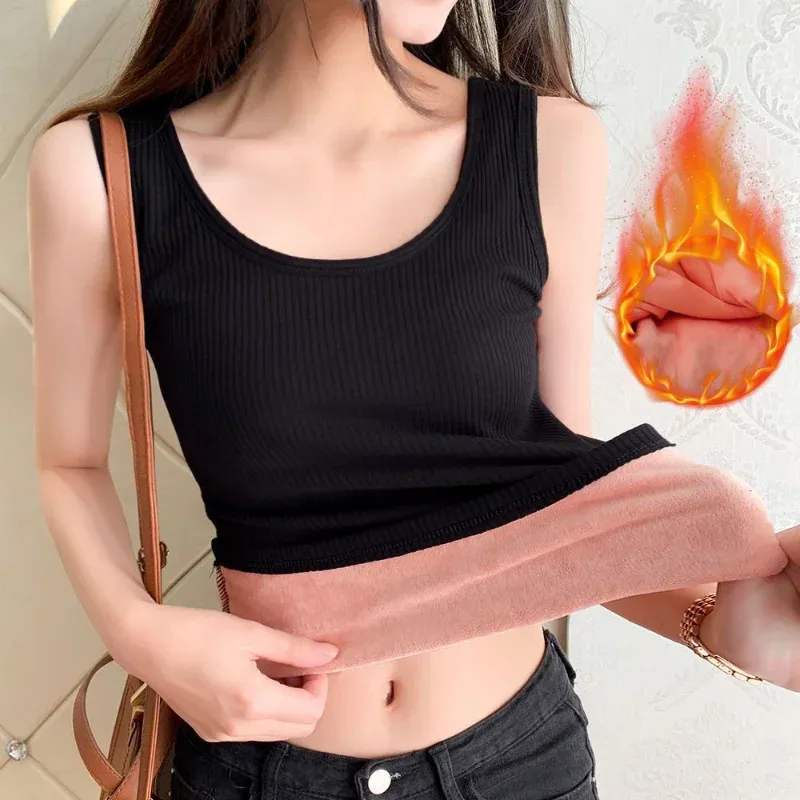 Frauen Winter Thermo-unterwäsche Top Nahtlose Plus Samt Hemd Ärmellose Weste Warme Weibliche Unterhemd Einfarbig Sexy Dessous