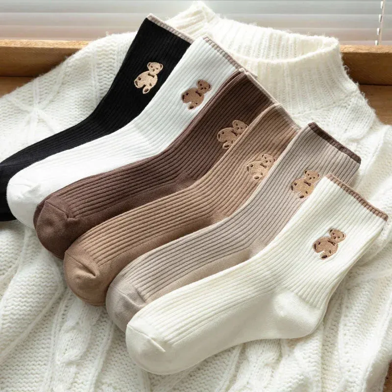 3/5/6 Paar Cartoon-Bären-Socken Weiche Baumwollsocken Herbst Kaffee-Farbene Strümpfe Kawaii Damensocken Koreanische Casual-Strümpfe Damen-Strumpfwaren