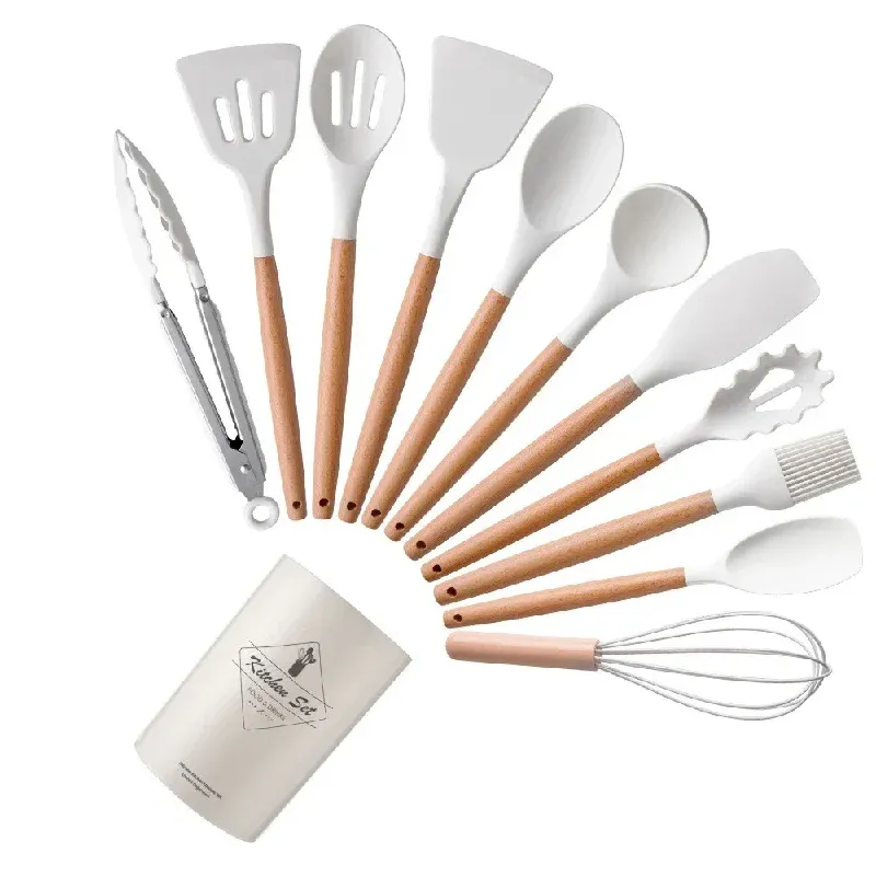 12-teiliges Silikon-Utensilien-Set, antihaftbeschichtet, Kochgeschirr, Spatel, Schaufel, Schneebesen, Holzgriff, Küchenutensilien, Heimküche, Kochutensilien