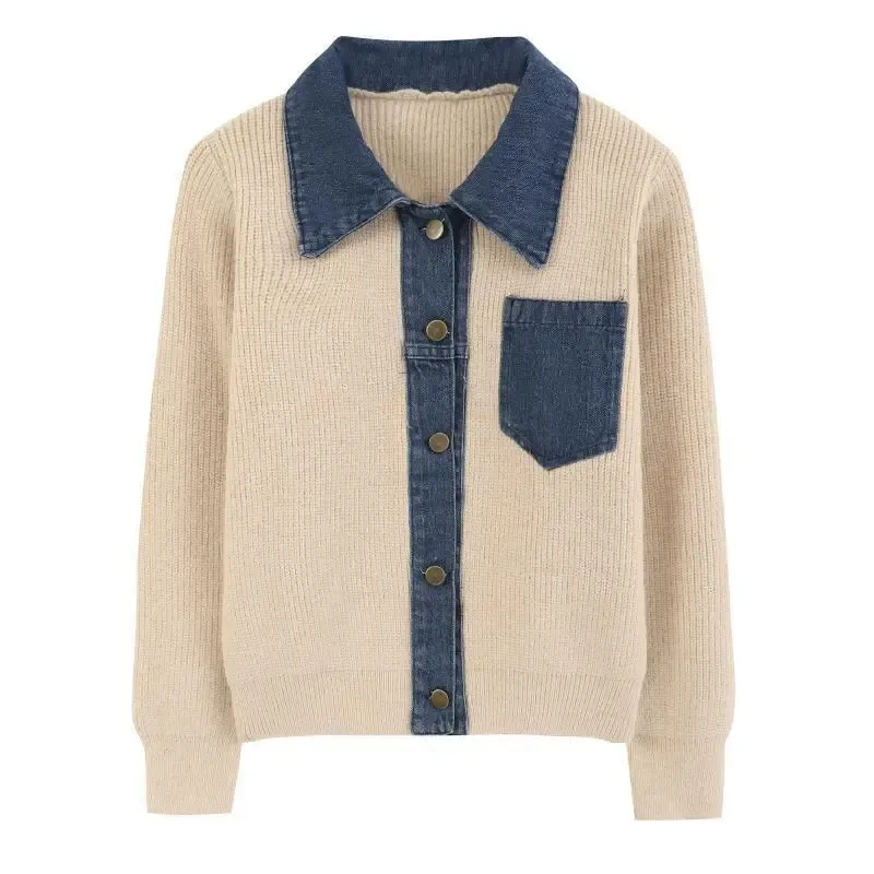 Design Herbst und Winter PoIol Kragen Spleißen Denim Strickjacke Pullover Damen lockere und schlankmachende Modejacke
