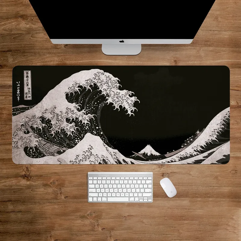 The Great Wave Off Kanagawa Schwarzes Gaming-Mauspad, Kissen, rutschfestes Pad auf dem Tisch, Teppich, Gamepad, Schreibtisch-Gadget, Mauspad