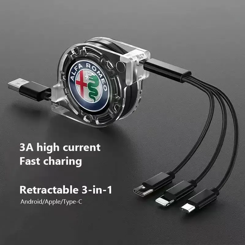 3-in-1-Datenkabel, skalierbares Telefon-Schnellladekabel, Autozubehör für Alfa Romeo Giulietta Mito Giulia Stelvio Brera 147 156