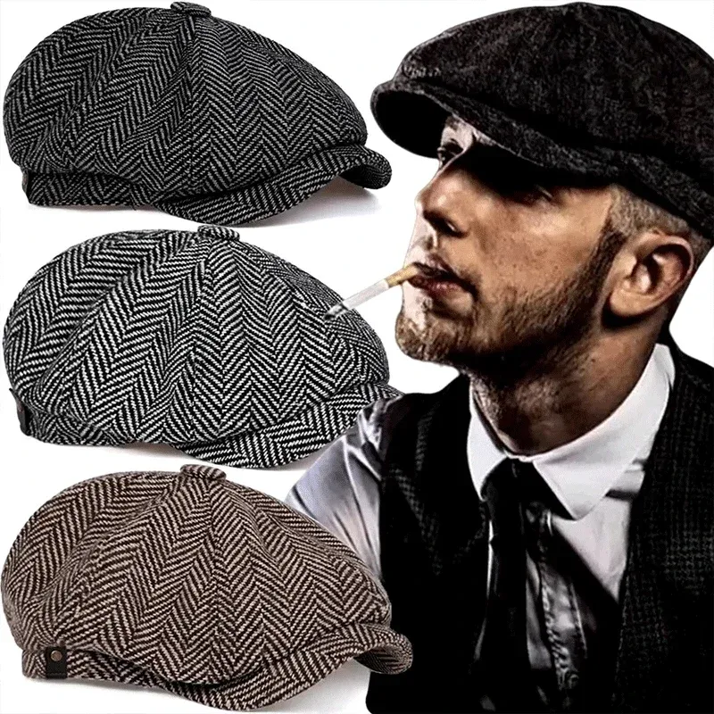 Klassische Mütze für Herren, Vintage-Retro-Tweed, Peaky Blinders, Baskenmütze, flache Schirmmütze, Straßenhüte für Damen und Herren