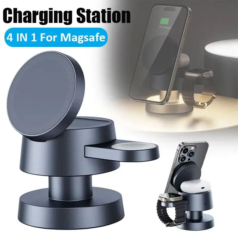 4-in-1-Telefon-Ladeständer mit magnetischem Licht für iPhone 16 15 14 13 12 Pro Max Apple Watch 9 8 Airpods Pro Schnellladung