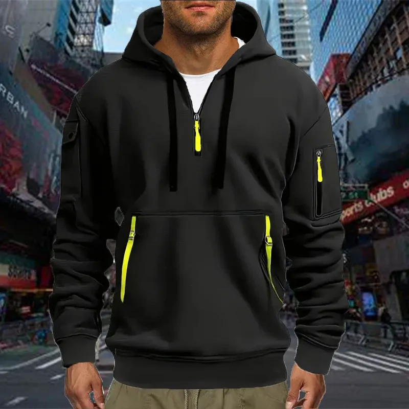 Lässiger Sport-Hoodie für Herren, Frühling und Herbst, modisch, einfarbig, langärmelig, Pullover mit Armtasche und Zugseil in Übergröße