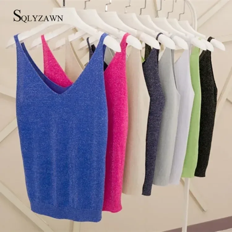 18 farben Frauen Ärmellose Helle Seide Tank Tops Sexy Weibliche V-ausschnitt Gestrickte Leibchen Club Mädchen Camis Dünne Glänzende Glitter Bling
