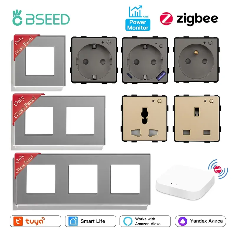BSEED Zigbee EU/FR/UK/MF Universal Steckdose Smart Stecker Energie Monitor Tuya Smart Leben glas Rahmen DIY Teile Kostenlose Kombinieren