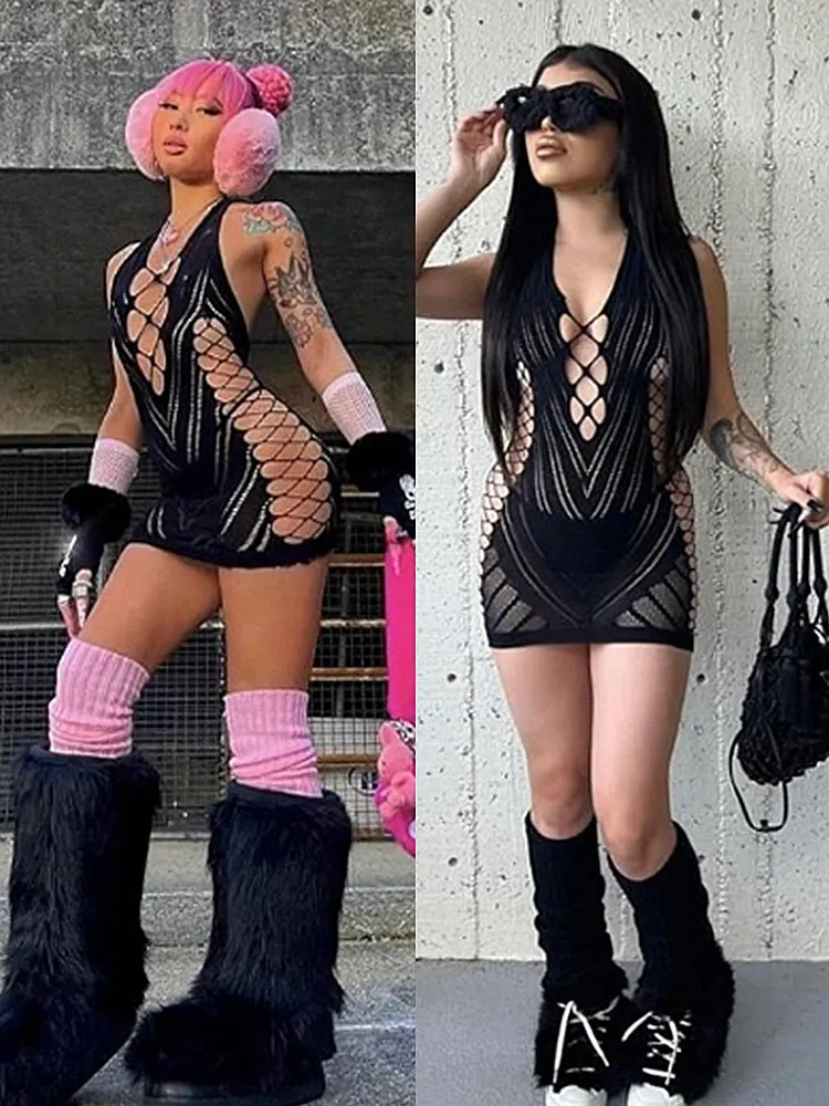 Transparente Spitze, kurzes Kleid, rückenfrei, hohles Neckholder-Nachthemd, sexy Damen-Pyjama, Nachtwäsche, Nachthemd, Party, Club, Minikleider