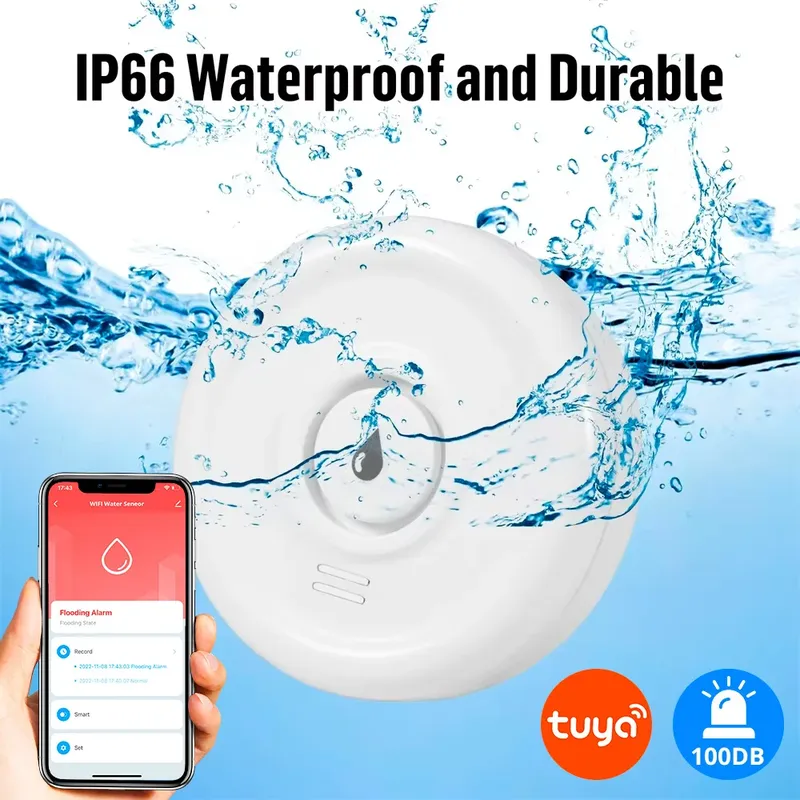 KERUI Tuya Smart Life WLAN-Wasserlecksensor mit Lautem Alarmton, Überflutungssensor-Detektor, App-Fernüberwachung
