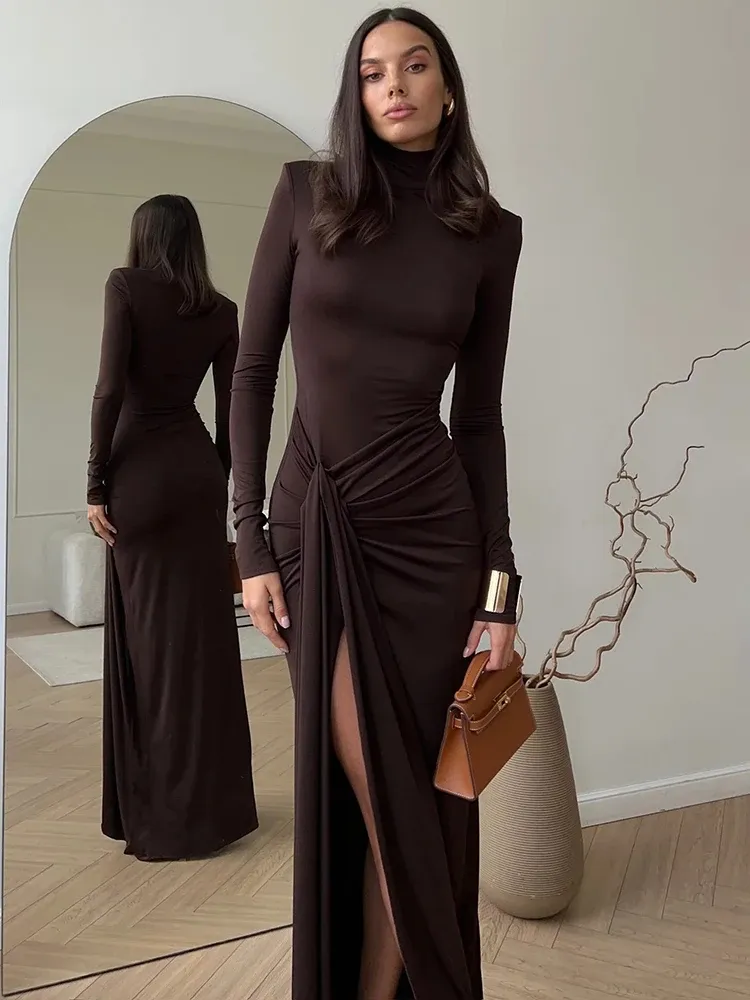 Mozision Rollkragen Oberschenkel Hohe Split Sexy Maxi Kleid Für Frauen Mode Langarm Drapierte Bandage Bodycon Club Langes Kleid