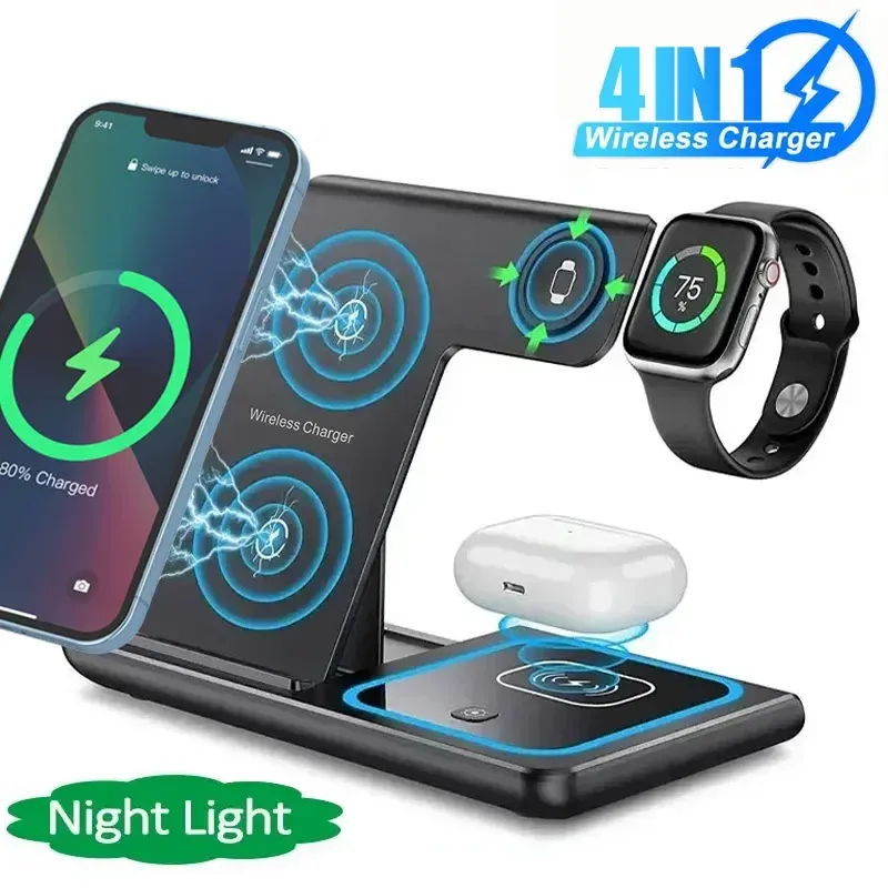 4-in-1 kabelloses Ladegerät, LED-Licht, Telefonständer für iPhone 16, 15, 14, 13, 12, Apple Watch 8, 7, 6, AirPods, faltbare Schnellladestation