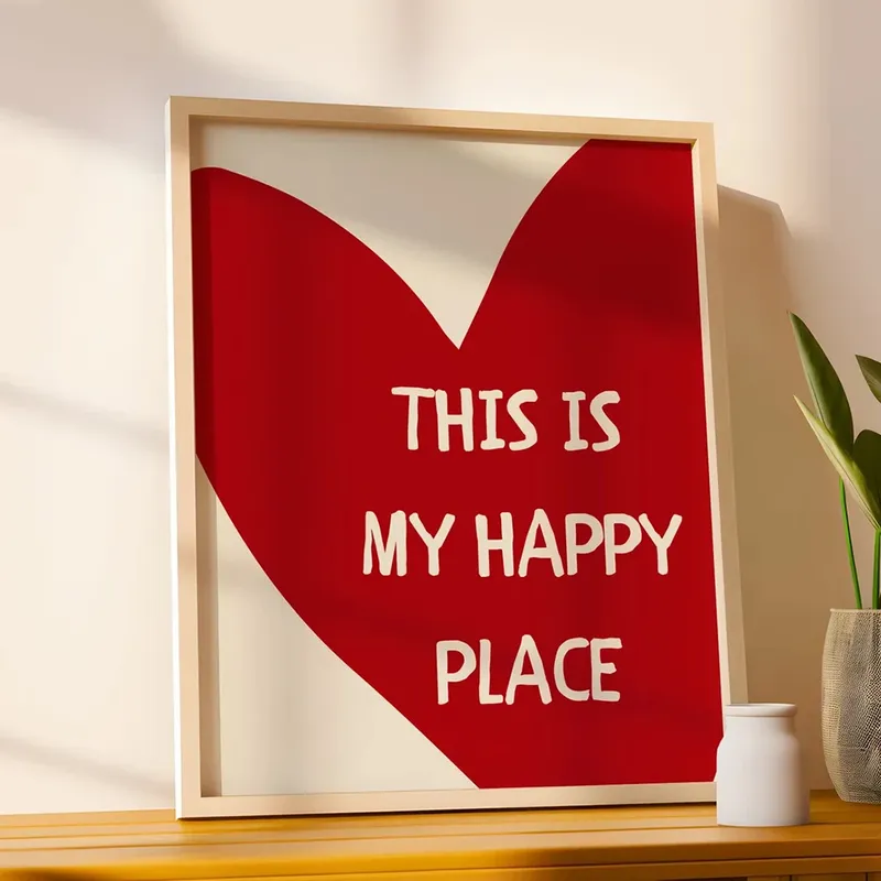 Schöne trendige rote Herz-Leinwand-Kunstgemälde, ästhetisch, „This Is My Happy Place“, Wandposter, Drucke für Wohnzimmer, Heimdekoration