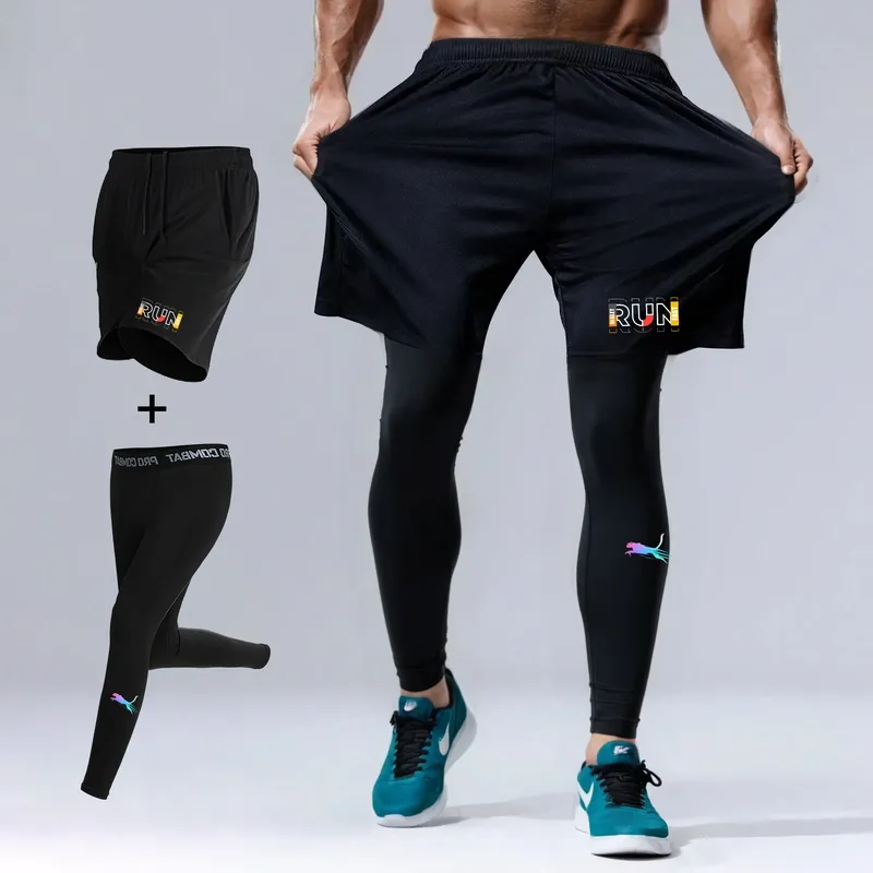 Herren 2-teiliges Laufset Schnelltrocknende Sportshorts mit Kompressionshose für Fitness Jogging Basketball