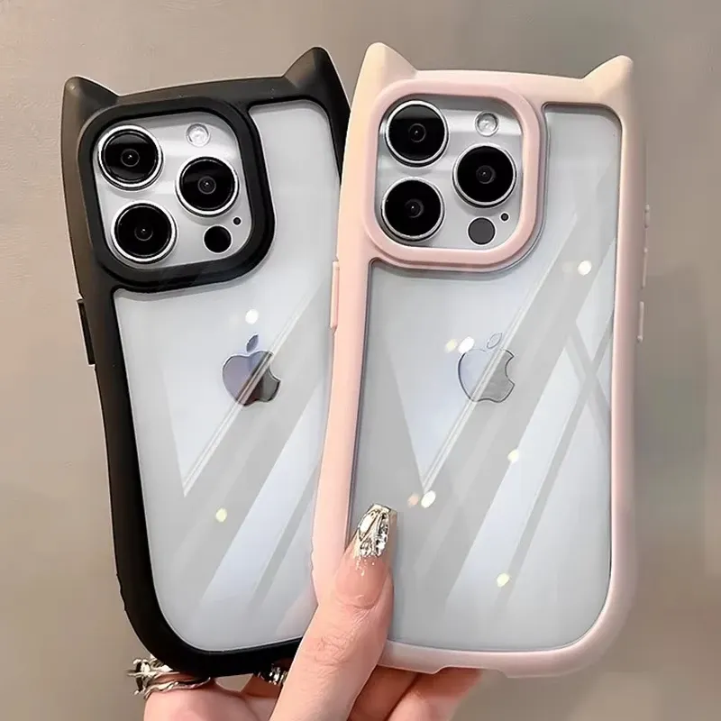 Weiche Silikon süße Katze Ohr Handytasche für iPhone 16 17 13 15 14 12 11 Pro Max Air XS Max Funda transparente stoßfeste Rückseite