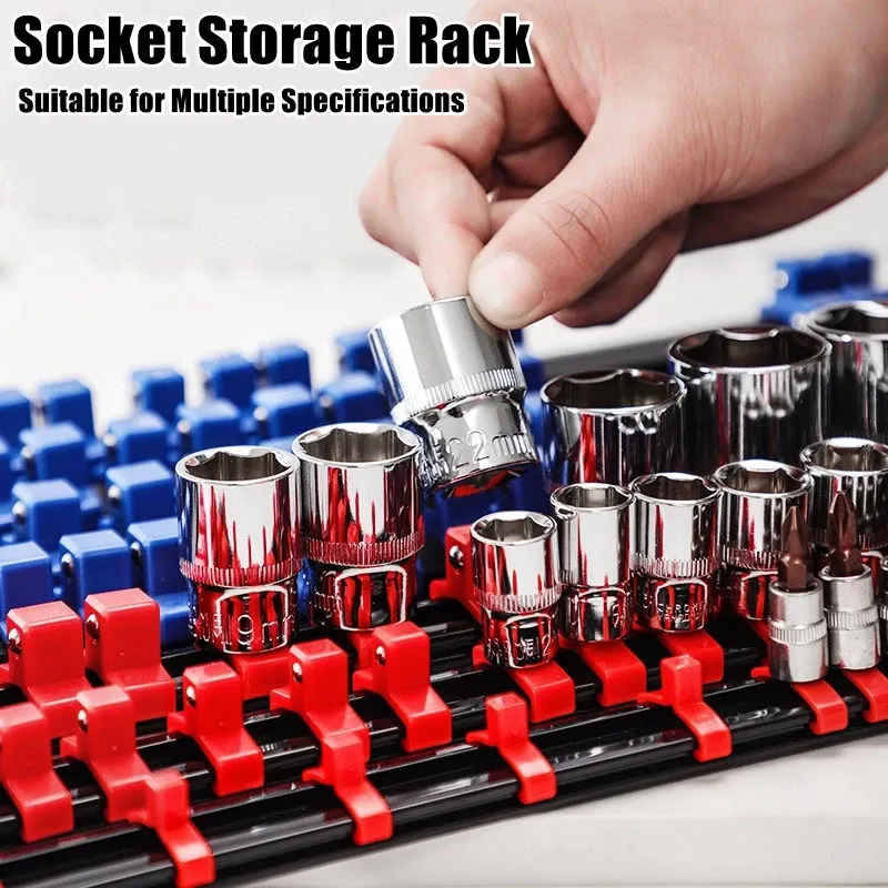 360 °   Drehbarer ABS-Sockel-Organizer, 1/4 Zoll, 3/8 Zoll, 1/2 Zoll, Premium-Qualität, Sockel-Clip-Schienenhalter, Steckdosen-Organizer, Werkzeuge, Blau und Rot